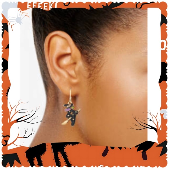 Halloween Embellished Dangling Witch Earrings Goldtone - Picture 2 of 3
